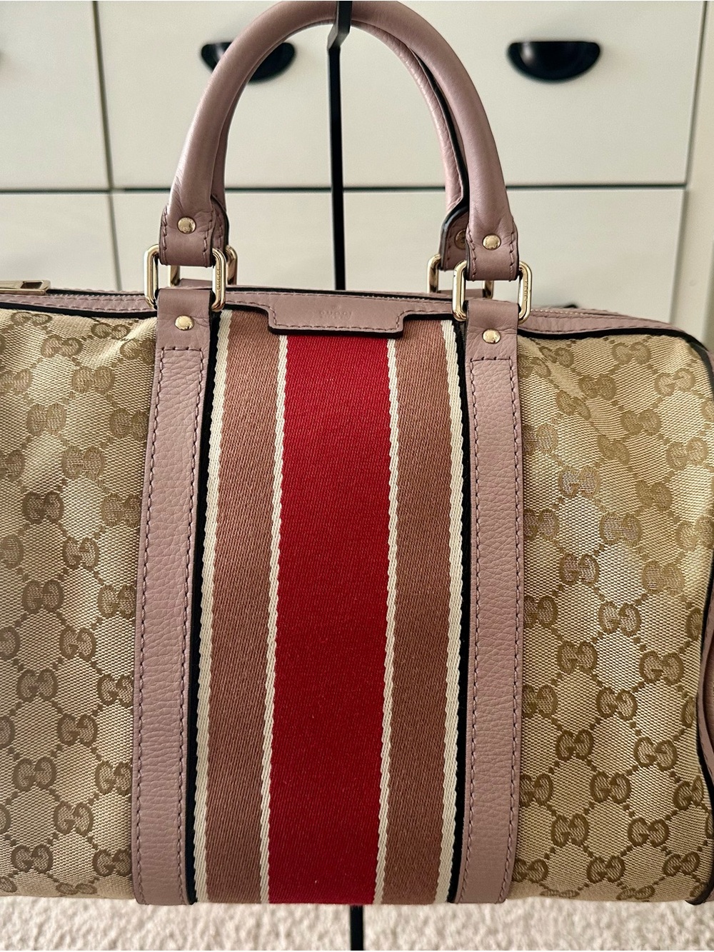 Gucci Stripe Canvas Top-Handle Bag in Beige and Red